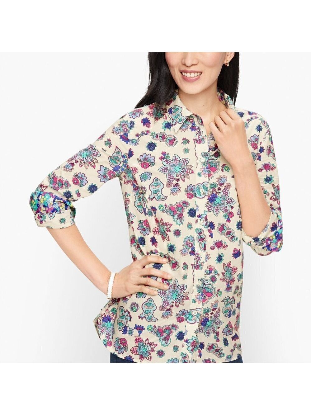 Talbots Classic Cotton Shirt Blossom Paisley Size Medium Petite NWT